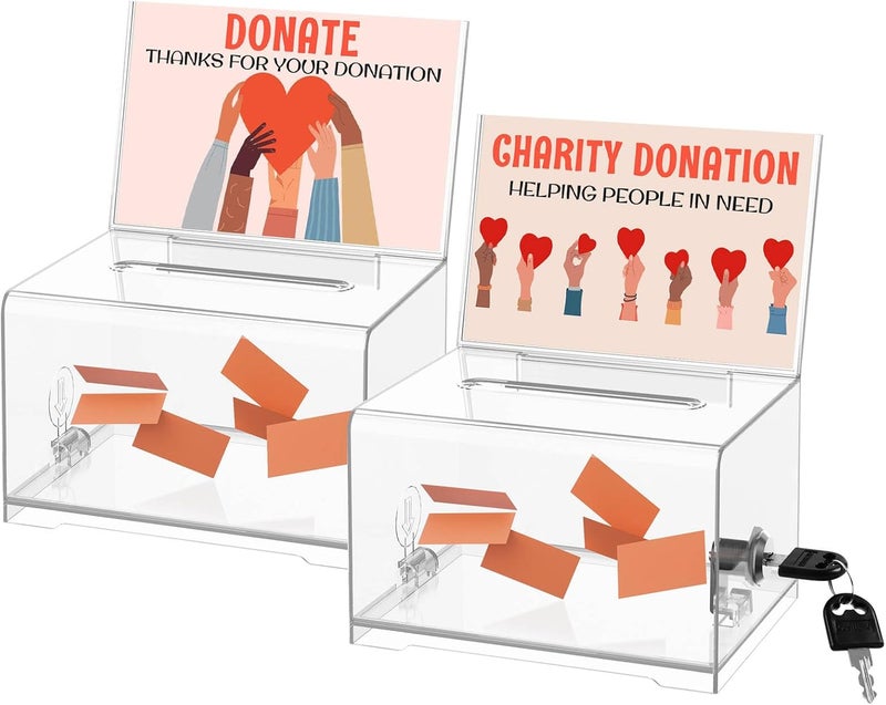 THUQ Clear Donation Box with Lock & Sign Holder, Versatile for Fundraising, Ballot Voting, Suggestions, and Tips Jar, Secure Storage Design, Size 6.2x4.6x4.0 Inch, Clear 2 Pack - Image 1
